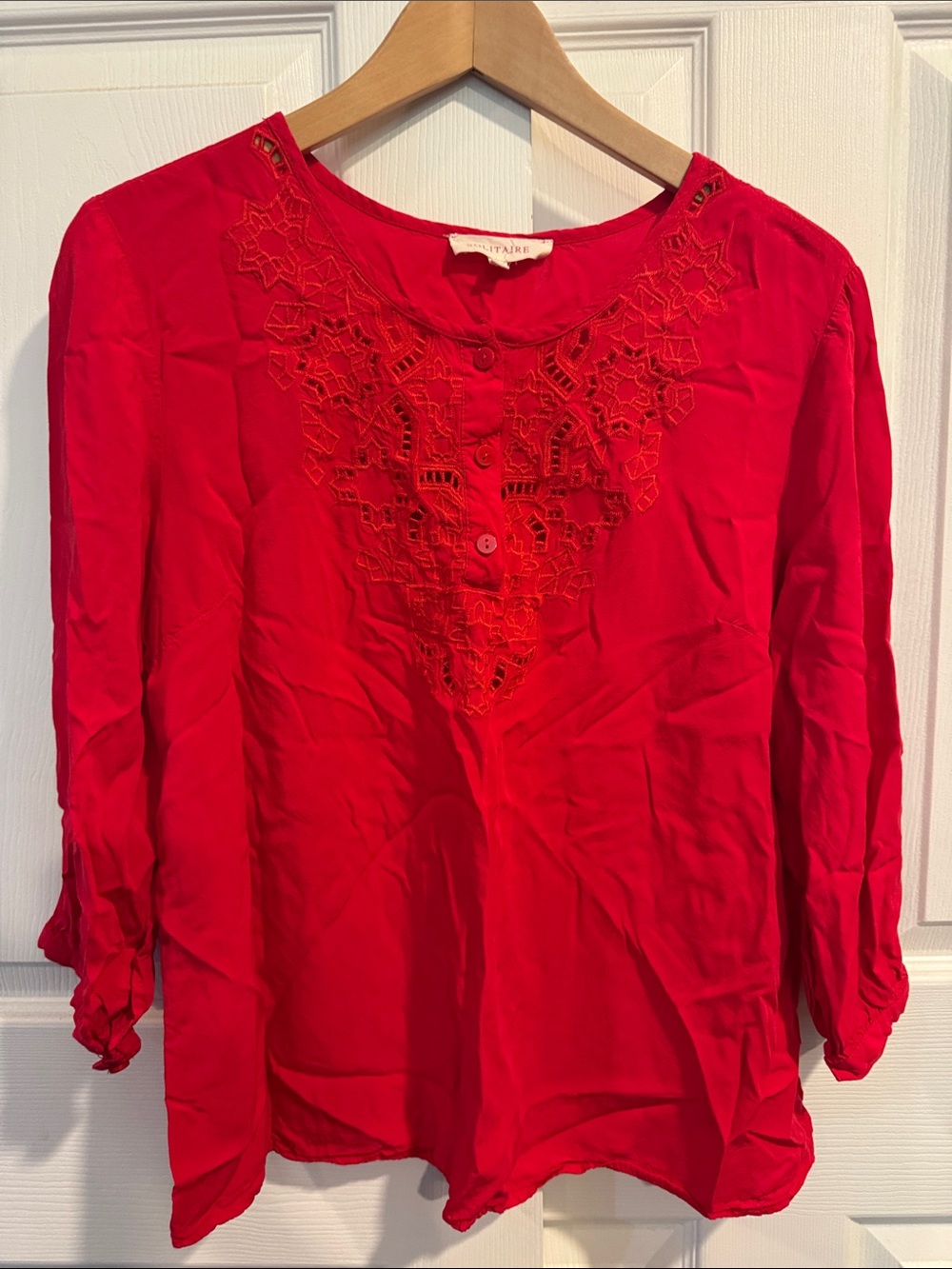 Solitaire Red Embroidered Button-Front Blouse